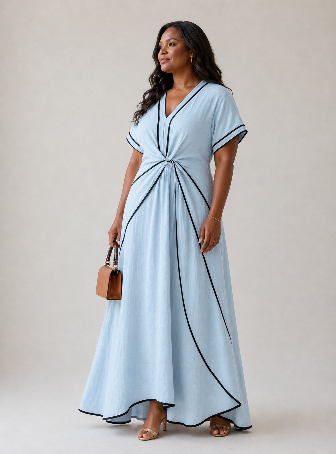 Linnea | V-Ausschnitt Kurzarm Tailliertes Midi-Kleid