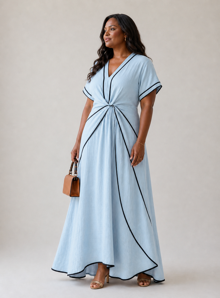Linnea | V-Ausschnitt Kurzarm Gerafftes Midi-Kleid
