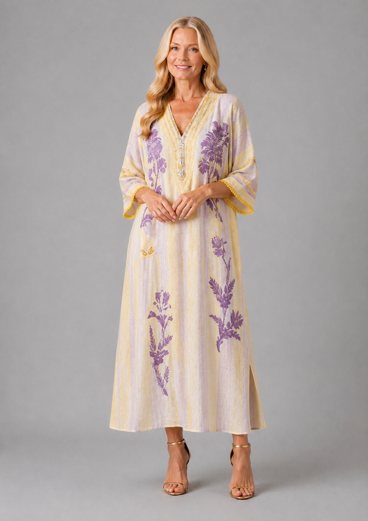 Aurelia | V-Ausschnitt Maxikleid mit halben Ärmeln und gestreiftem Blumenmuster