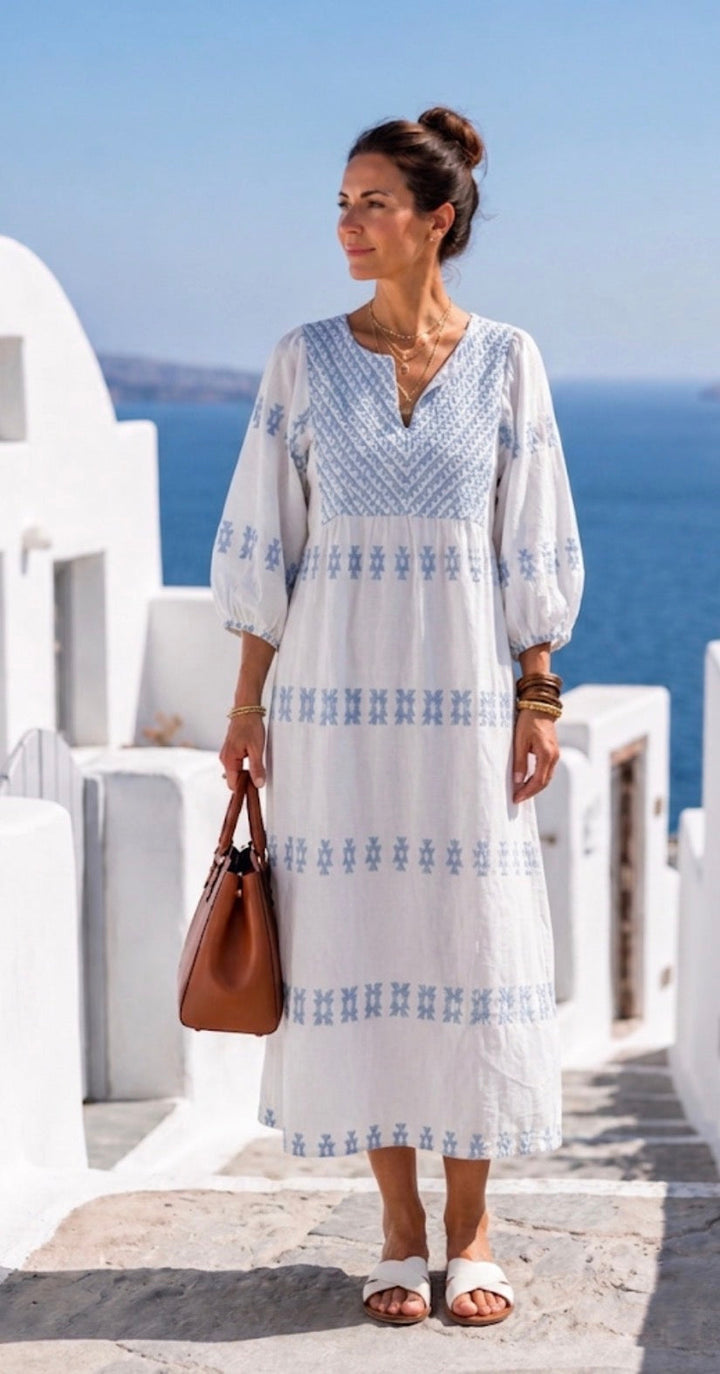 Evadne | V-Ausschnitt Langarm Besticktes Maxikleid