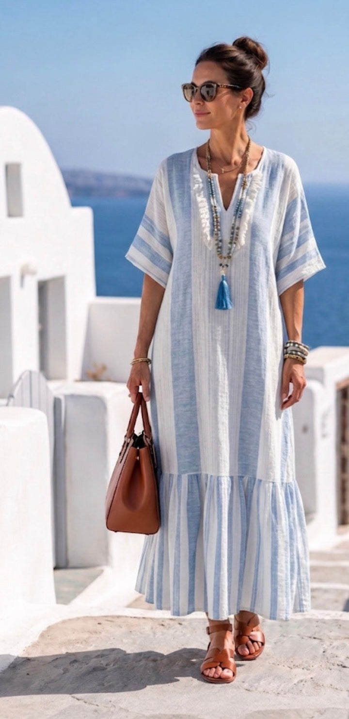 Ione | Rundhals Kurzarm Gestreiftes Maxikleid