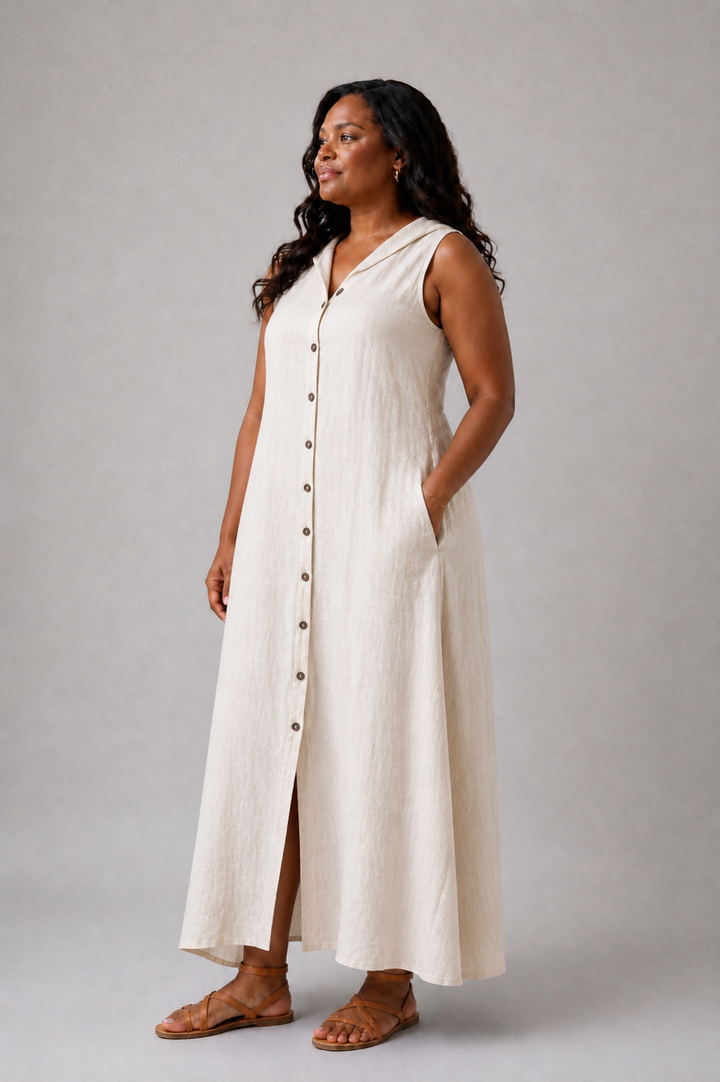 Marune | Ärmelloses Maxikleid mit Knopfleiste und Kapuze