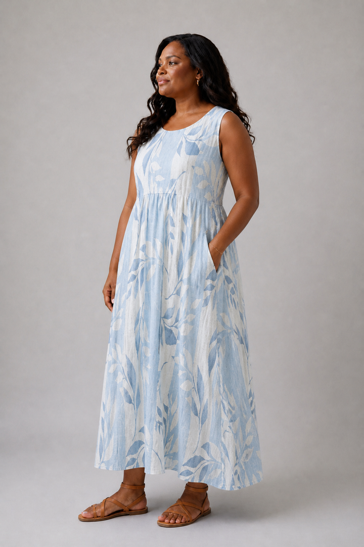 Solene | Ärmelloses Midi-Kleid mit blauem Blattmuster
