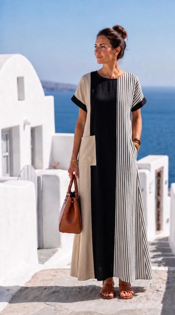 Elara | Rundhals Kurzarm Gestreiftes Maxikleid