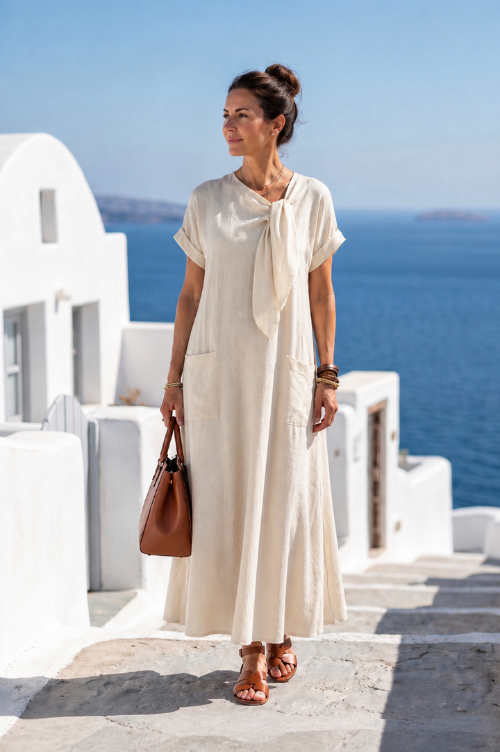 Elowyn | Rundhals Kurzarm Taschen Maxi Kleid