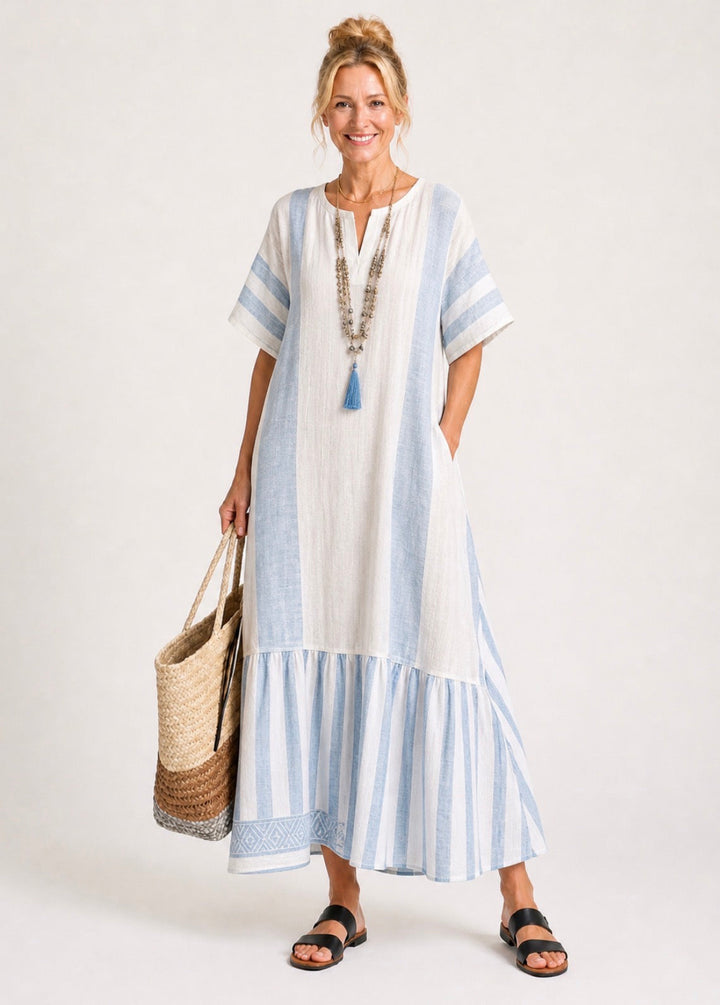 Ione | Rundhals Kurzarm Gestreiftes Maxikleid
