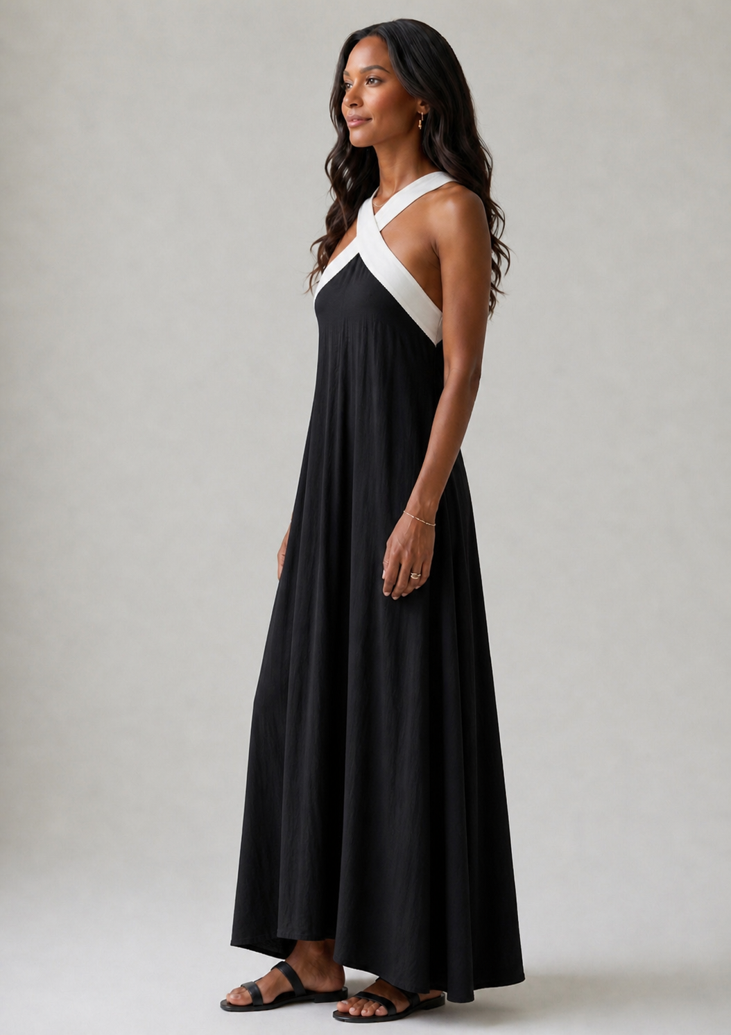 Adair | Midi-Kleid mit kontrastierenden Trägern und Kreuz-Ausschnitt