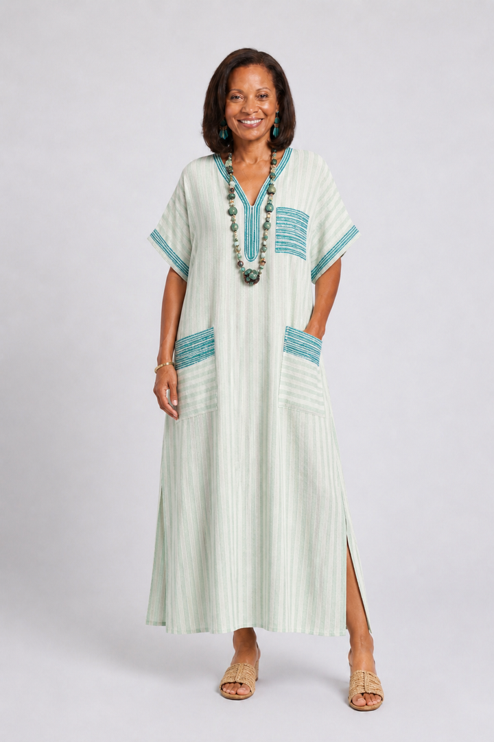 Velis | Gestreiftes V-Ausschnitt Midi-Kleid mit Taschen