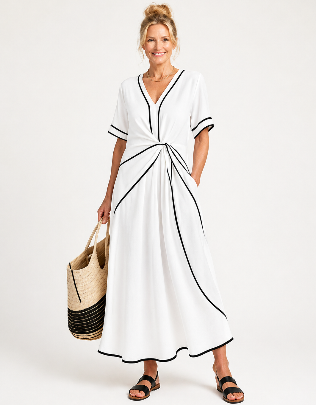 Linnea | V-Ausschnitt Kurzarm Tailliertes Midi-Kleid