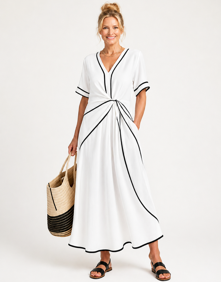 Linnea | V-Ausschnitt Kurzarm Tailliertes Midi-Kleid