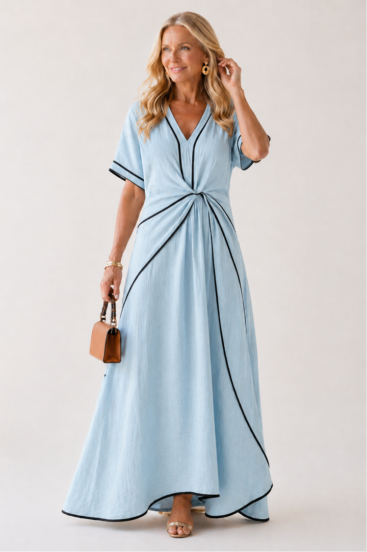 Linnea | V-Ausschnitt Kurzarm Tailliertes Midi-Kleid