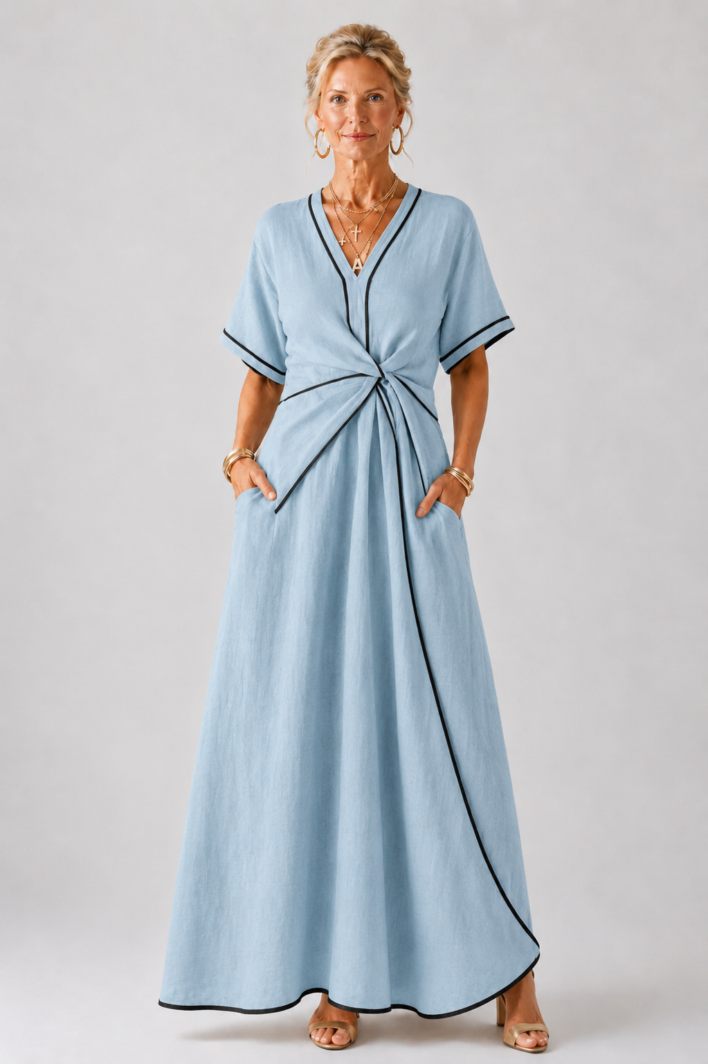Linnea | V-Ausschnitt Kurzarm Gerafftes Midi-Kleid