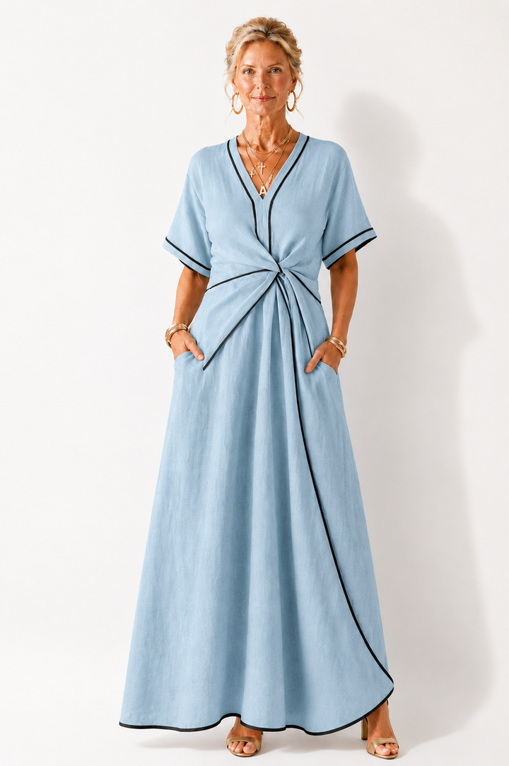 Linnea | V-Ausschnitt Kurzarm Gerafftes Midi-Kleid