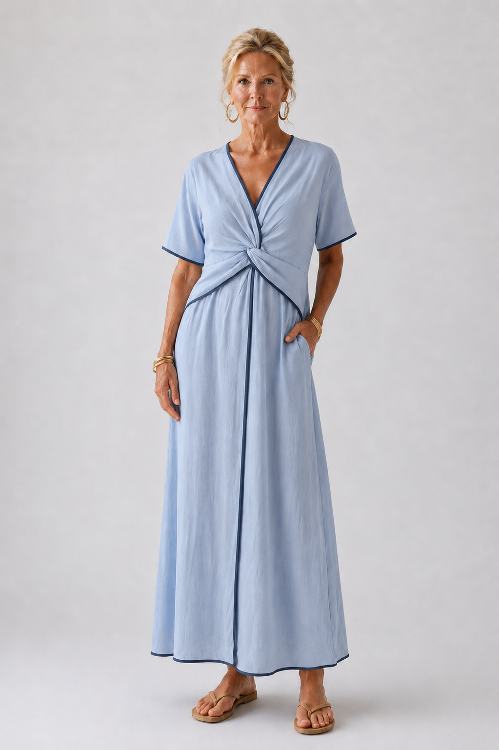 Eirene | V-Ausschnitt Kurzarm Twist Front Midi Kleid