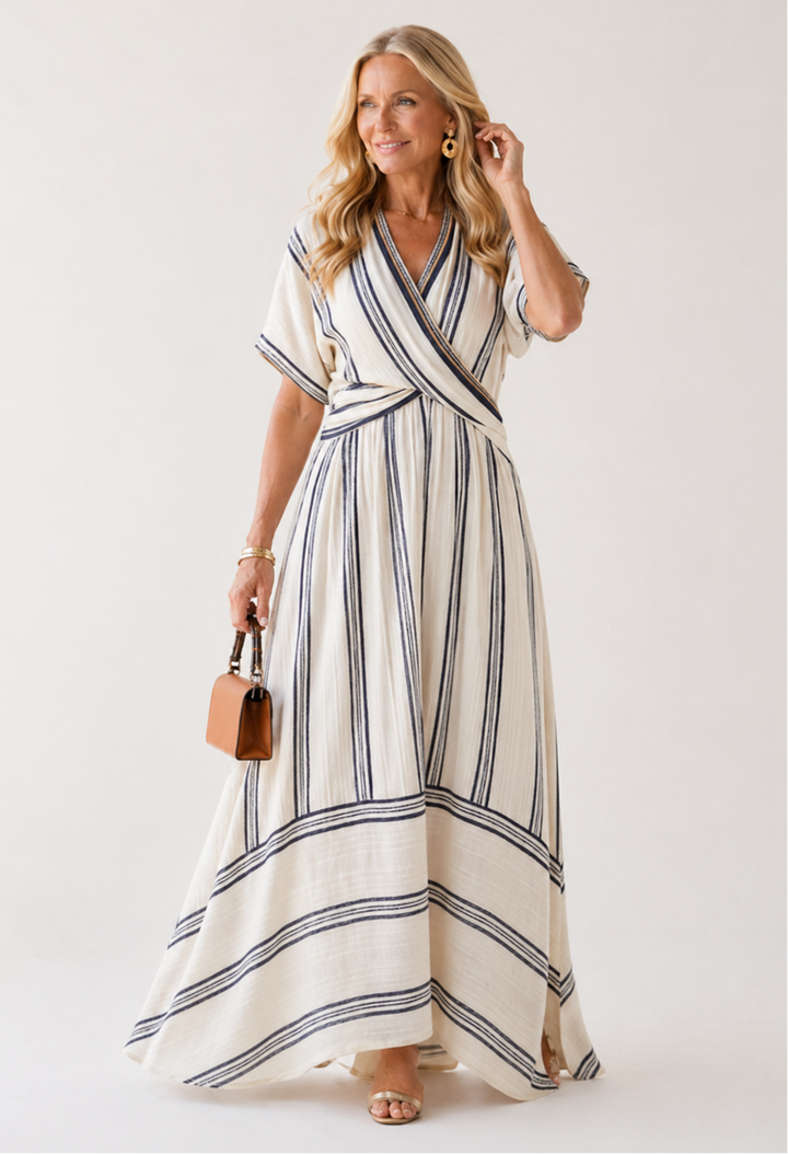 Thalassa | V-Ausschnitt Kurzarm Wickel Taille Midi Kleid