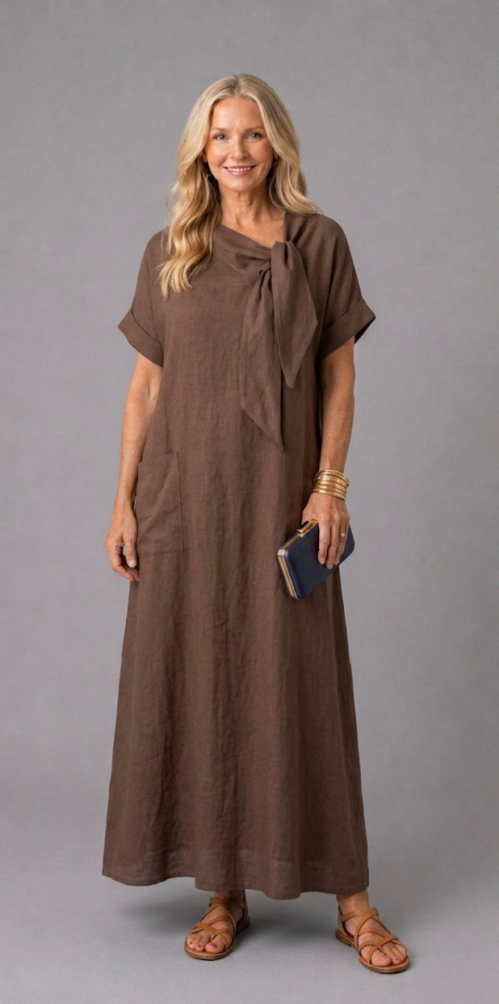 Tivara | Midi-Kleid mit kurzem Ärmel, Schleifenkragen und Taschen