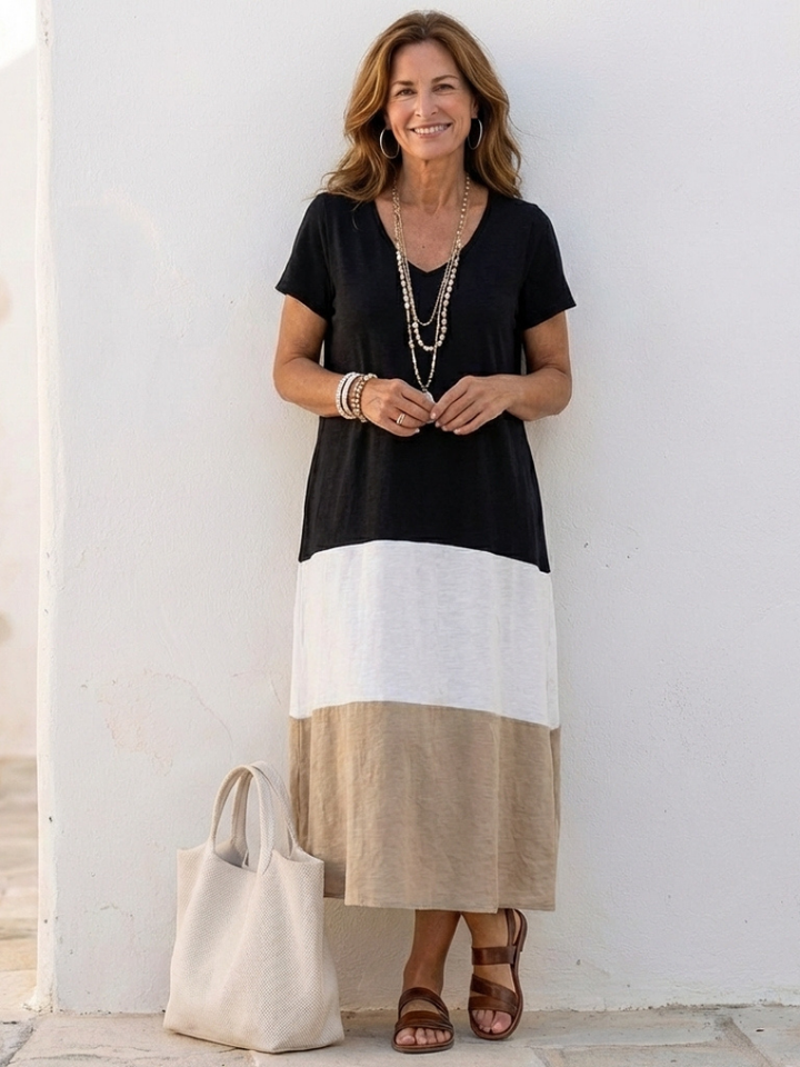 Thalia | Kurzärmliges Midi-Kleid mit V-Ausschnitt in Farbblockdesign