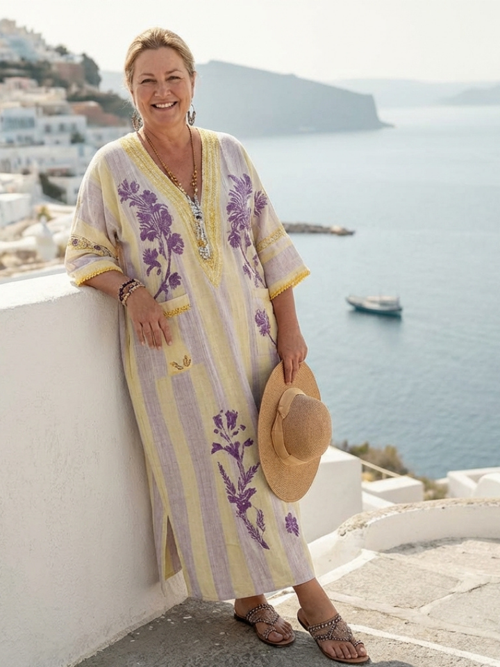 Aurelia | V-Ausschnitt Maxikleid mit halben Ärmeln und gestreiftem Blumenmuster