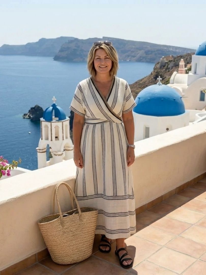 Thalassa | V-Ausschnitt Kurzarm Wickel Taille Midi Kleid