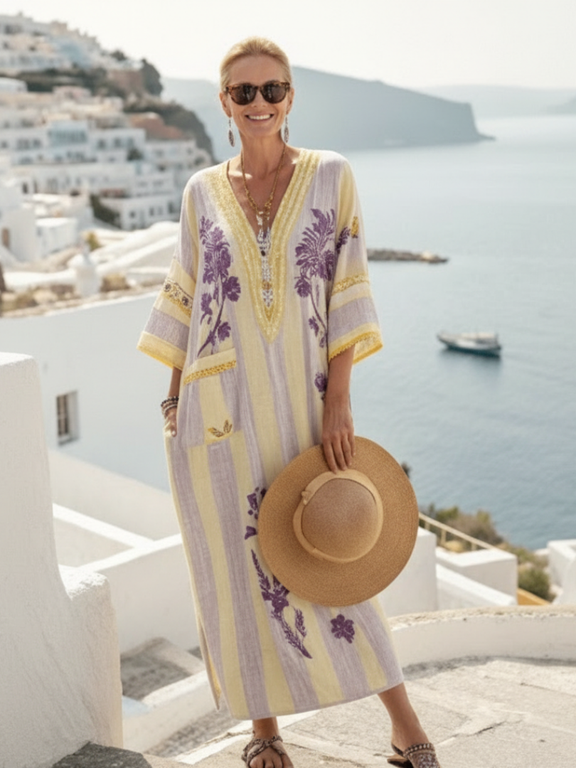 Aurelia | V-Ausschnitt Maxikleid mit halben Ärmeln und gestreiftem Blumenmuster