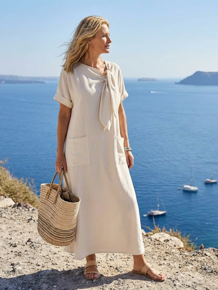 Elowyn | Rundhals Kurzarm Taschen Maxi Kleid