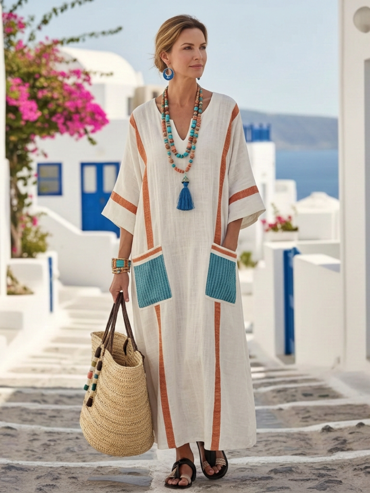 Noemi | V-Ausschnitt Halbarm Tasche Maxikleid