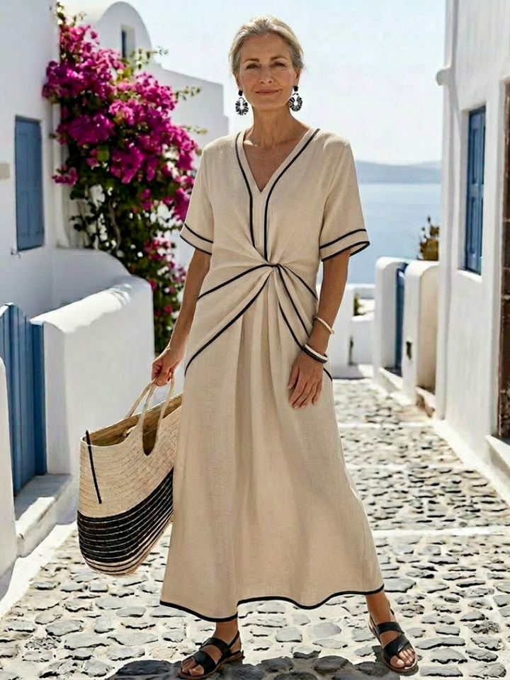 Linnea | V-Ausschnitt Kurzarm Tailliertes Midi-Kleid