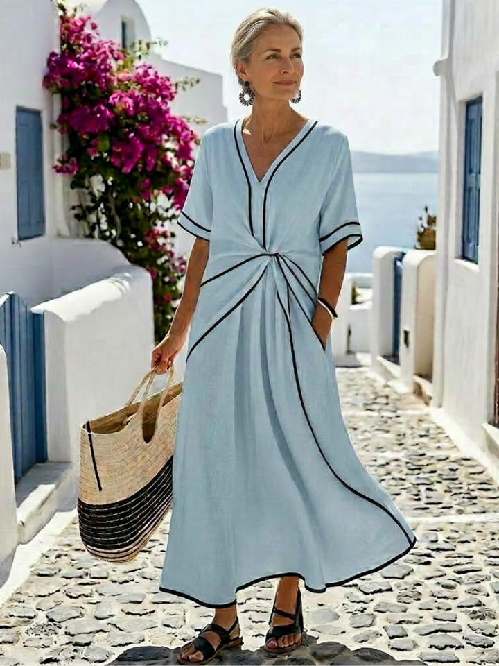 Linnea | V-Ausschnitt Kurzarm Tailliertes Midi-Kleid