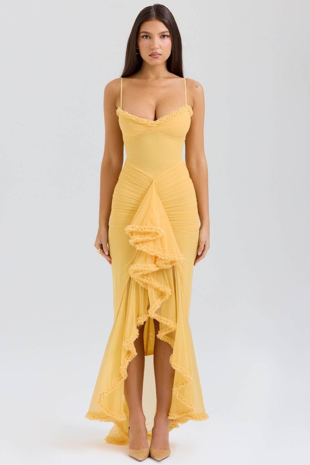 Maxi dress in ruffled mesh
