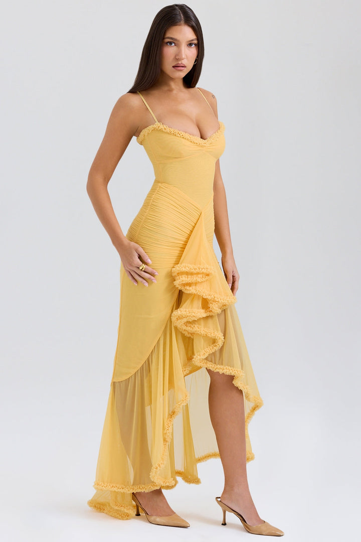 Maxikleid aus Rüschen-Netzstoff