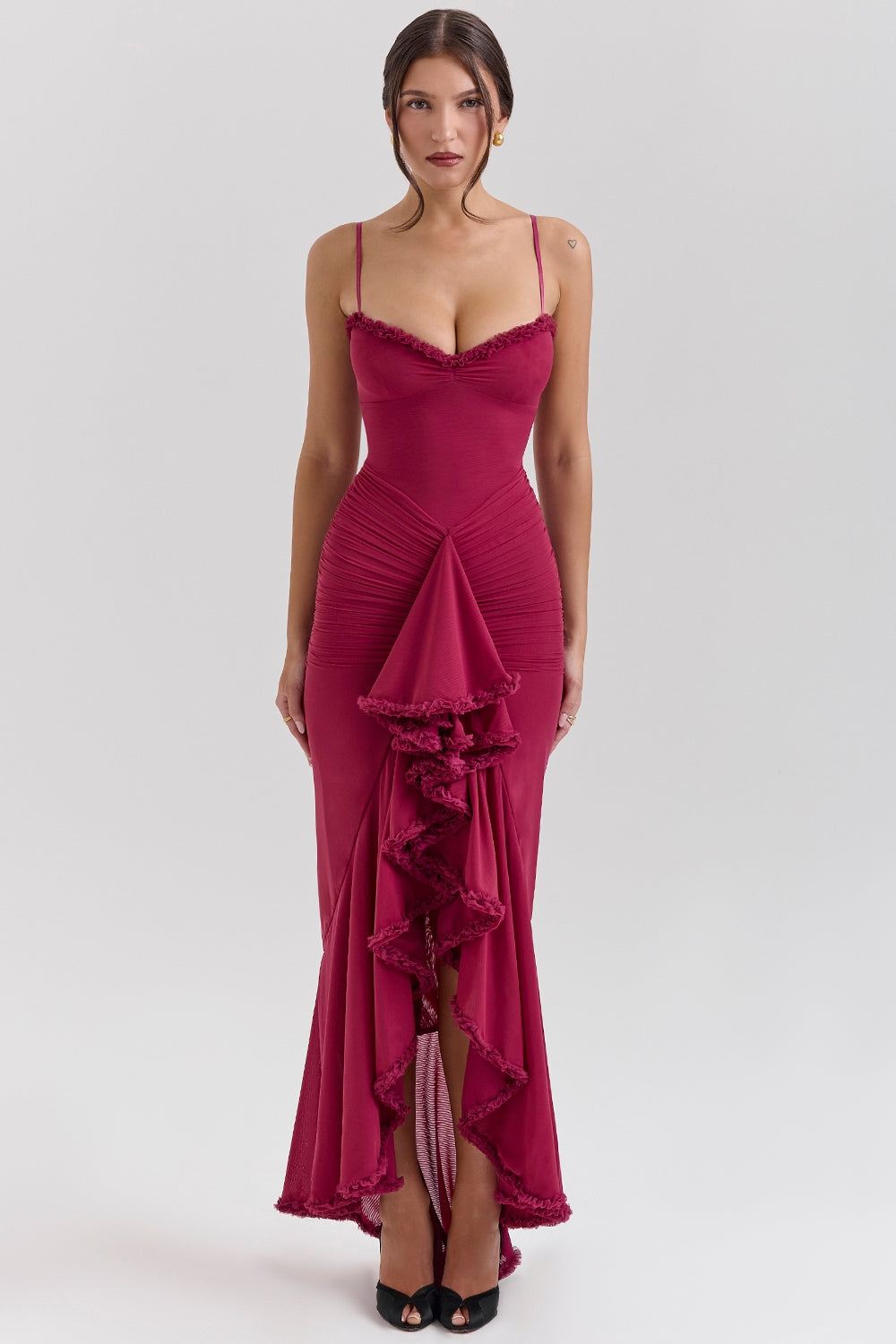 Maxikleid aus Rüschen-Netzstoff
