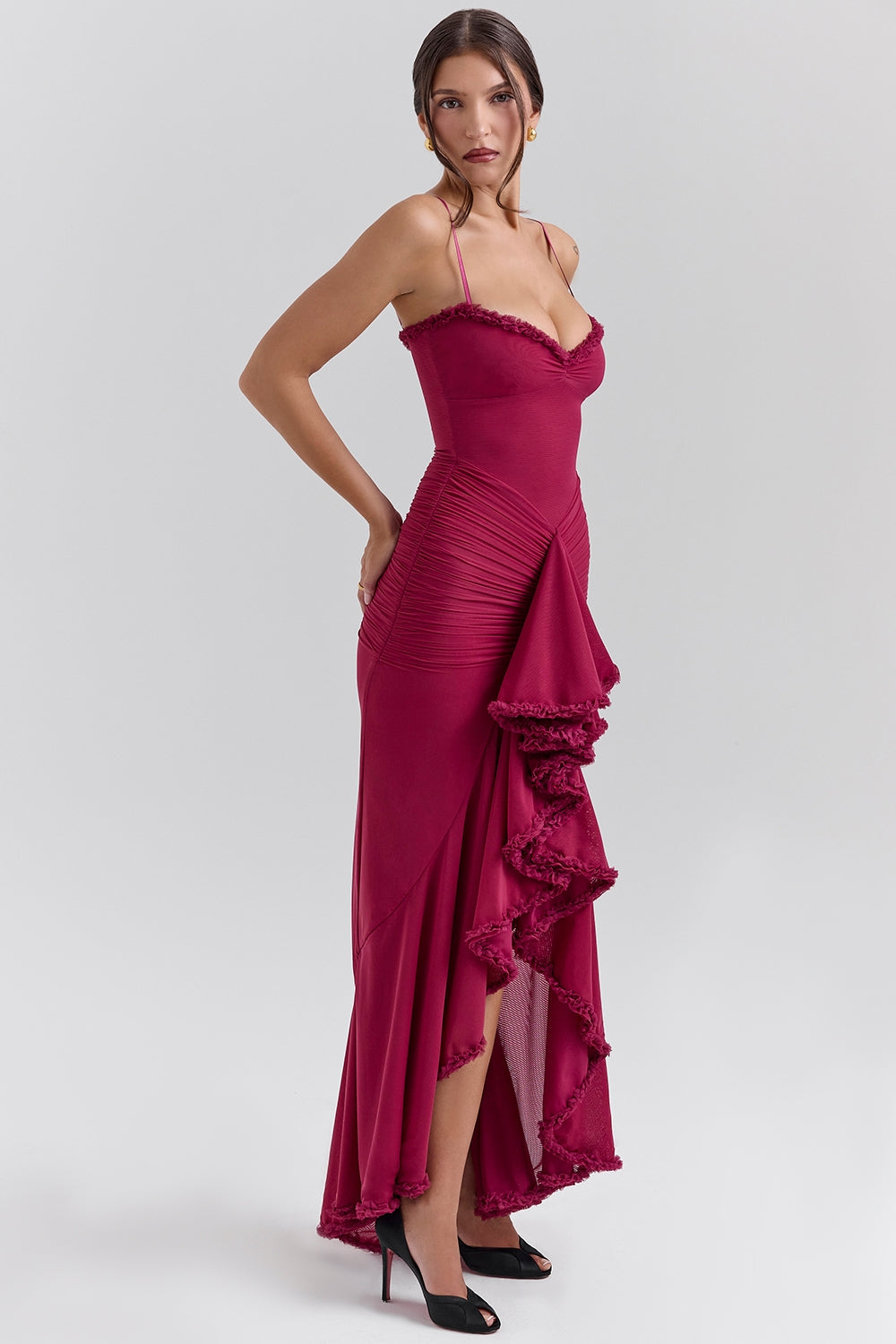 Maxikleid aus Rüschen-Netzstoff