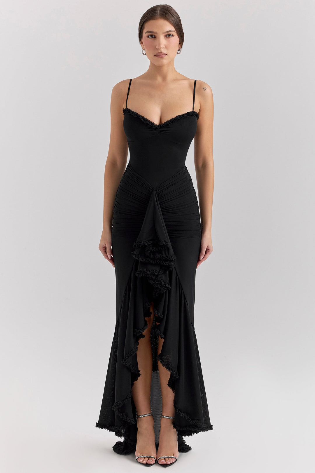 Maxikleid aus Rüschen-Netzstoff