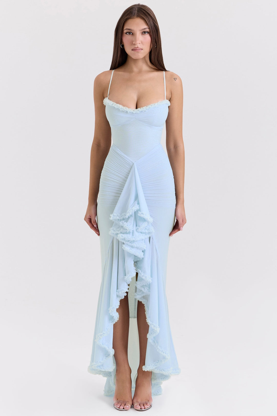 Maxikleid aus Rüschen-Netzstoff
