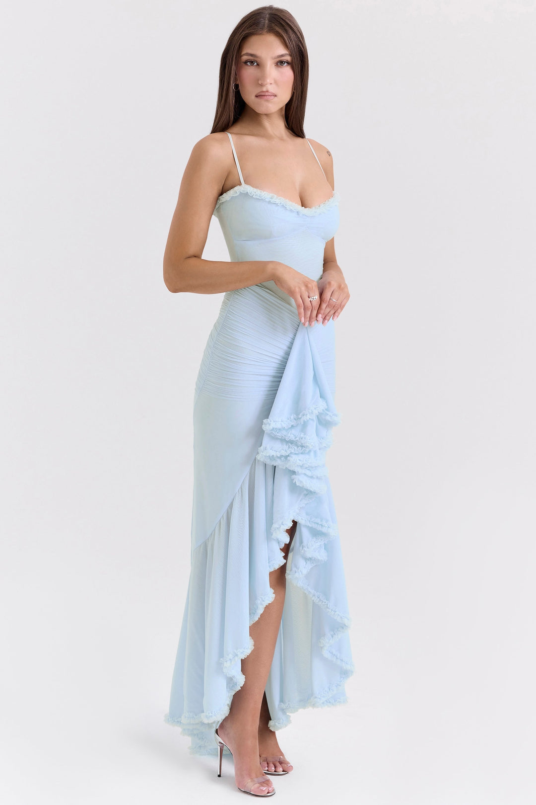 Maxikleid aus Rüschen-Netzstoff