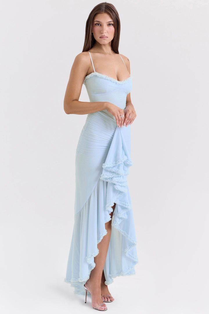 Maxikleid aus Rüschen-Netzstoff