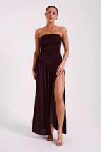 Ruched evening gown in Bordeaux